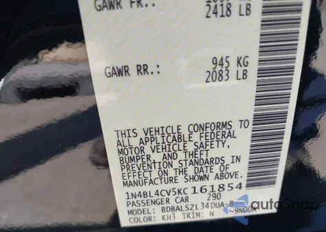 2019 Nissan Altima 2.5 Sr z USA, uszkodzony, nr VIN 1N4BL4CV5KC161854